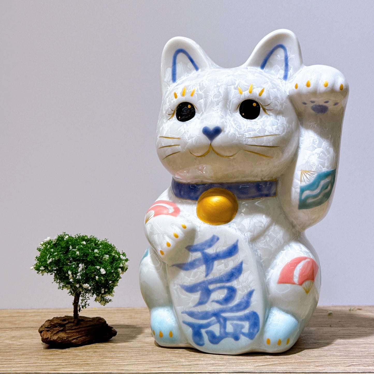 日本清水燒招財貓 花結晶 水白 千万両 特大 左