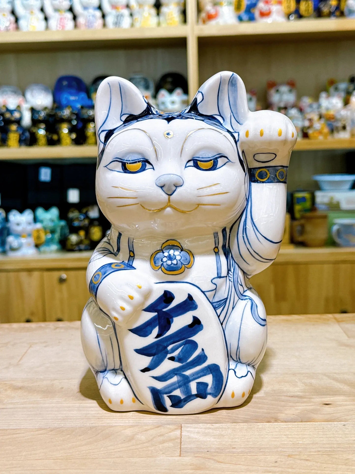 日本清水燒招財貓 染付 金彩 觀音菩薩 特大
