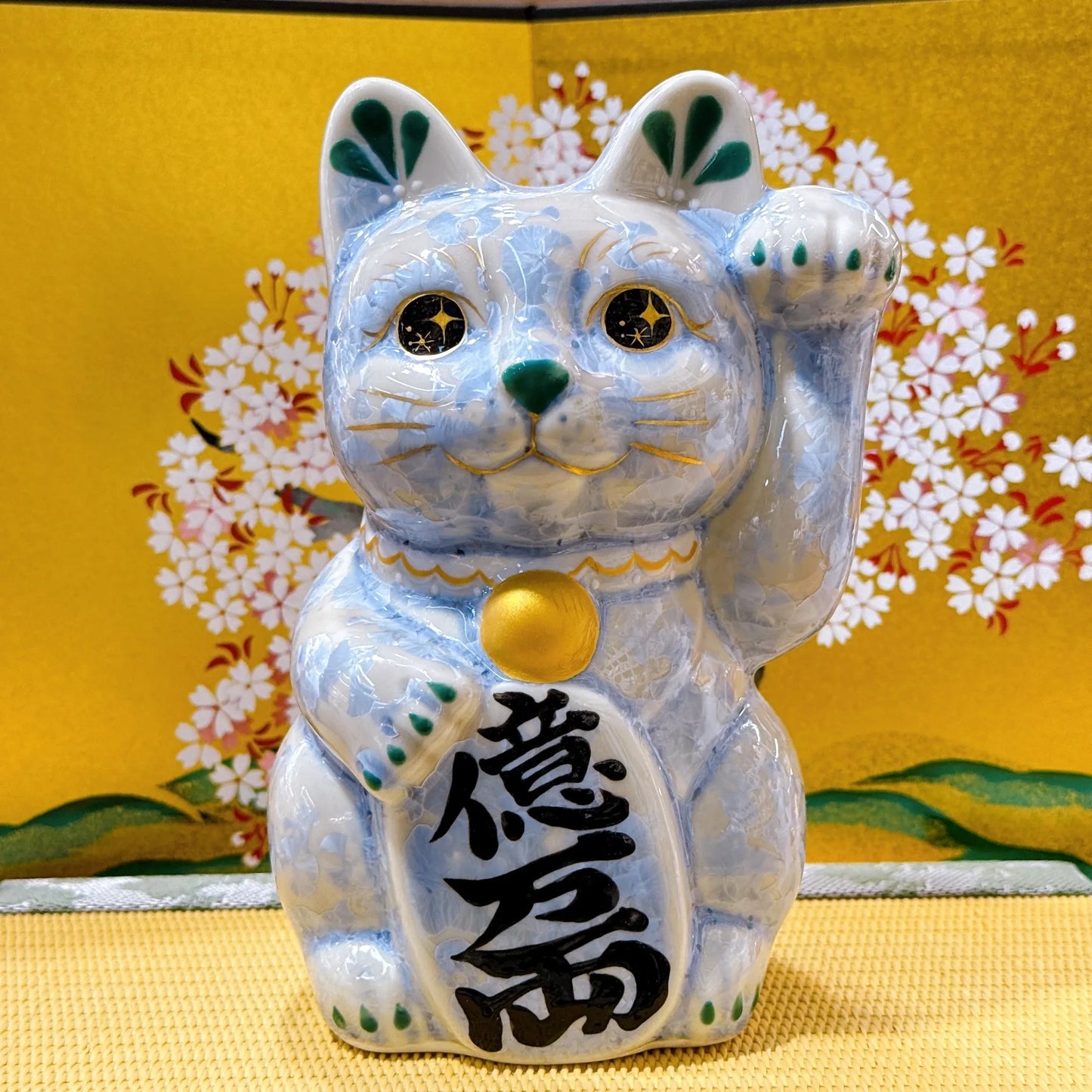 日本清水燒招財貓 花結晶 銀藤 億万両 左 中號