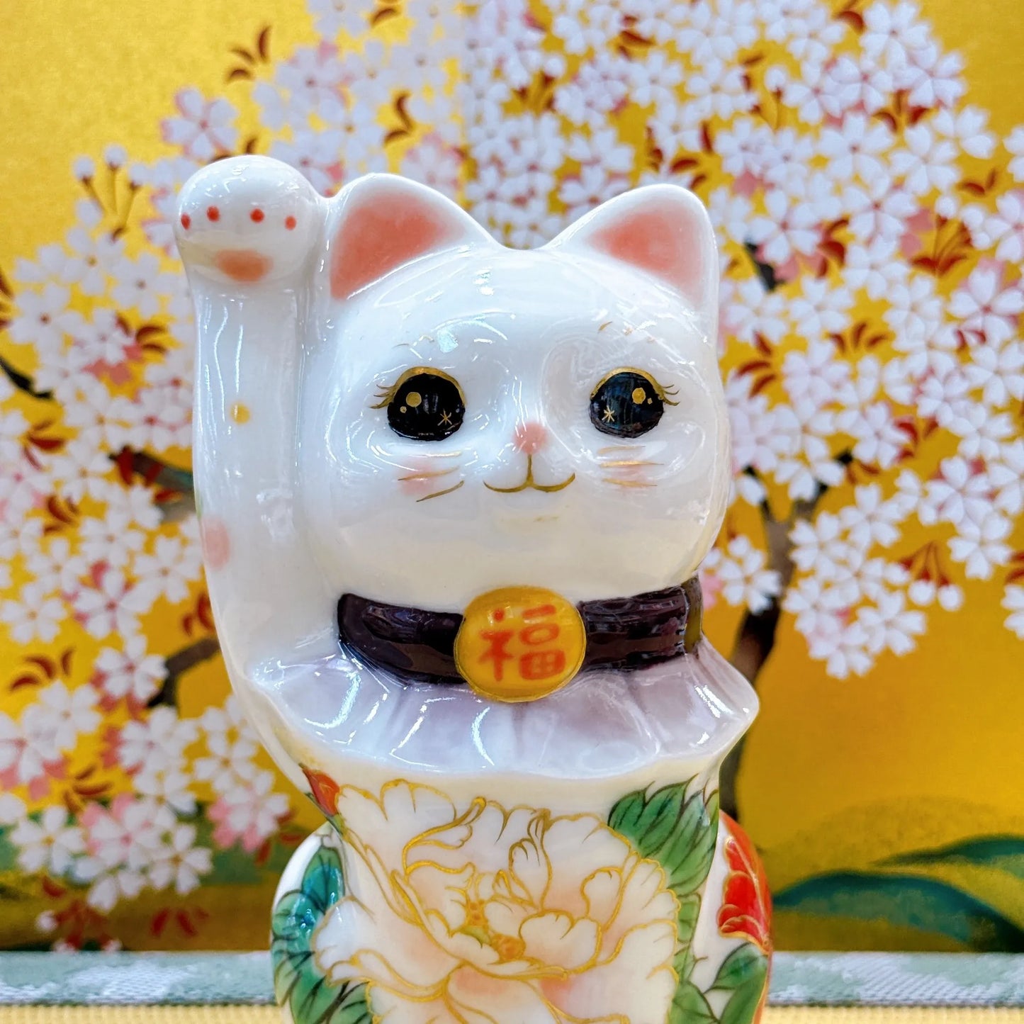 日本清水燒招財貓 色繪 白地牡丹