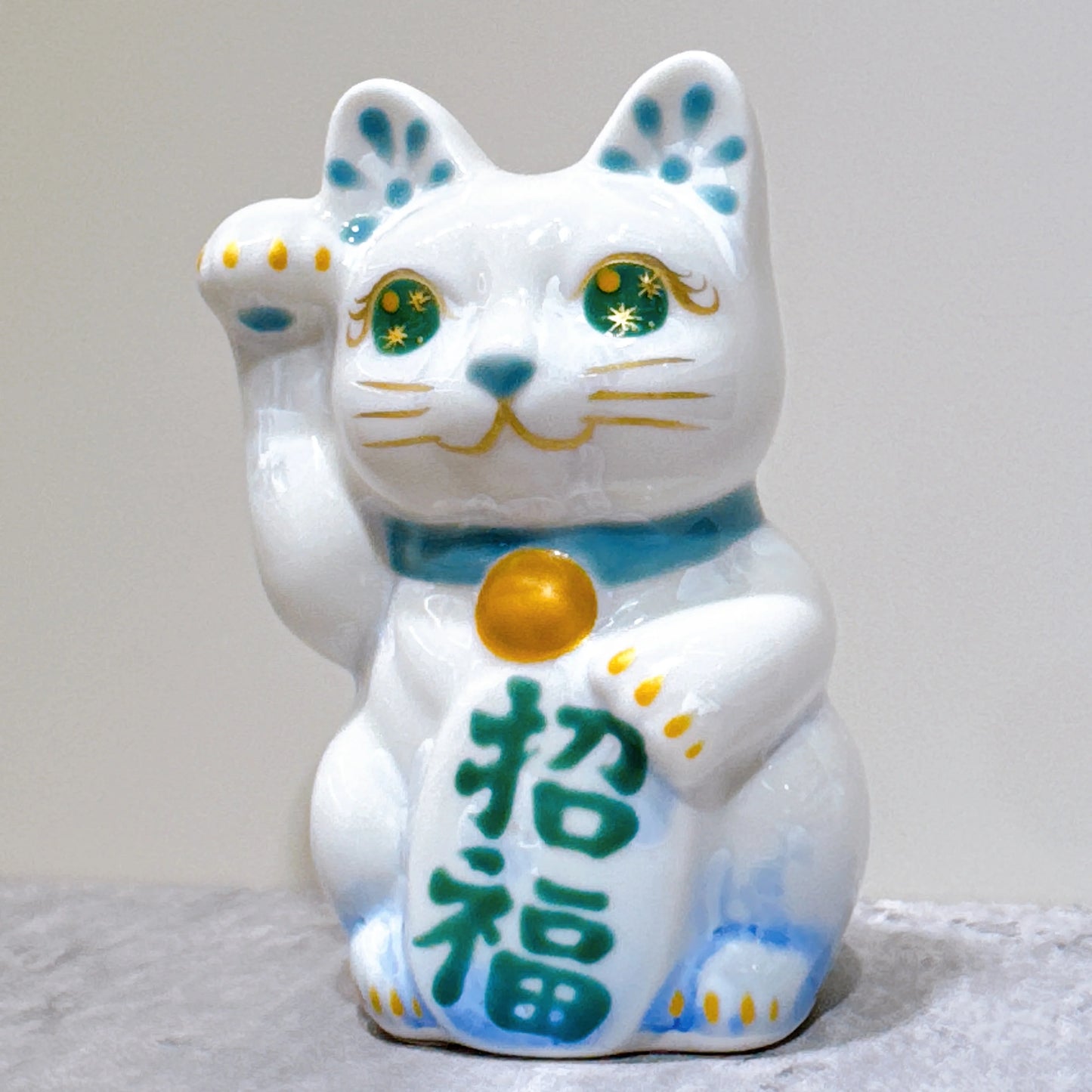 日本清水燒招財貓 花結晶 青白 招福 右 特小
