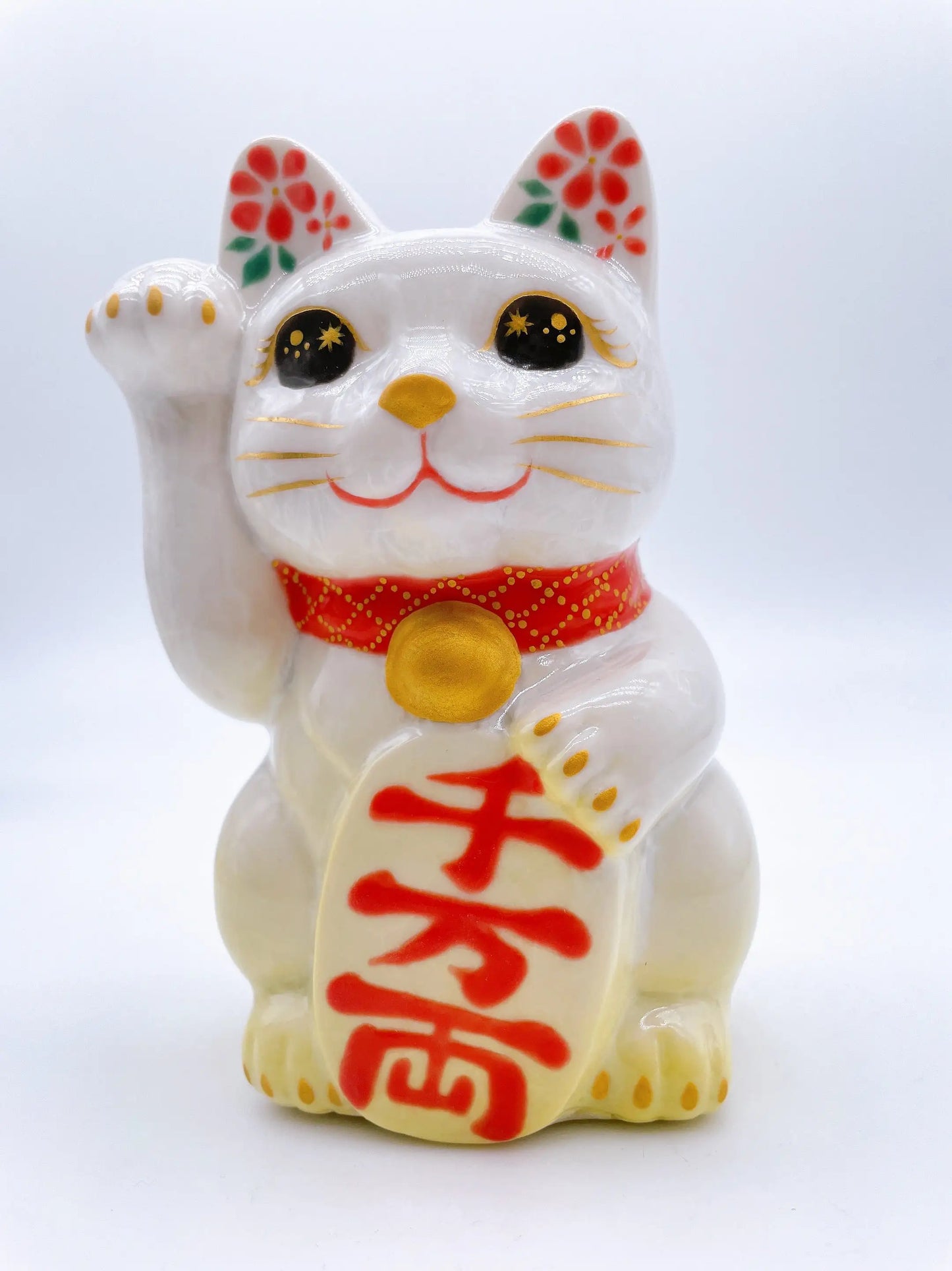 日本清水烧招财猫 花结晶 黄白 千万两