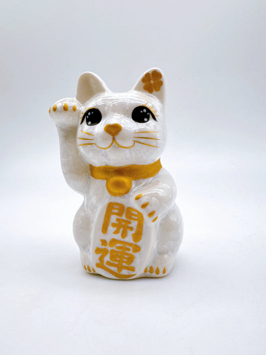 日本清水燒招財貓 花結晶 白 開運 右 特小
