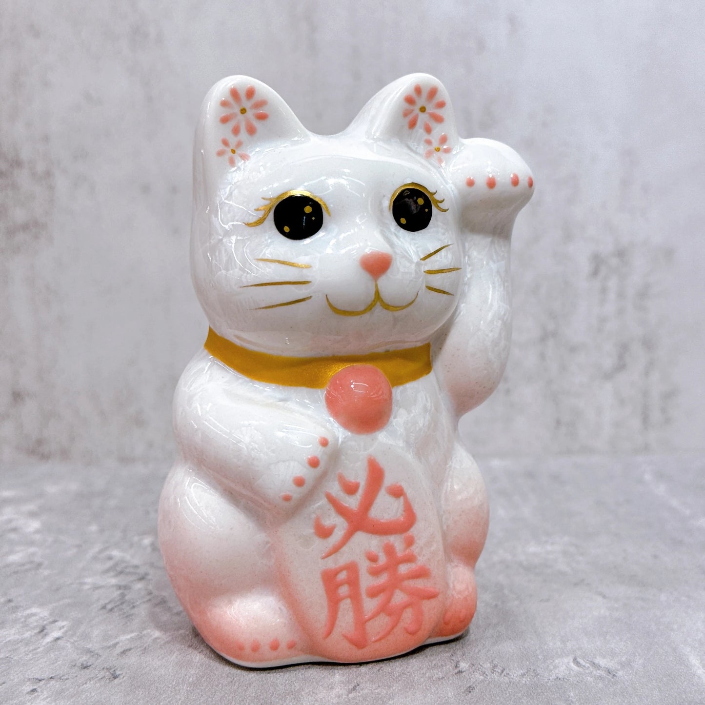 日本清水燒招財貓 花結晶 桃白 必勝 左 特小