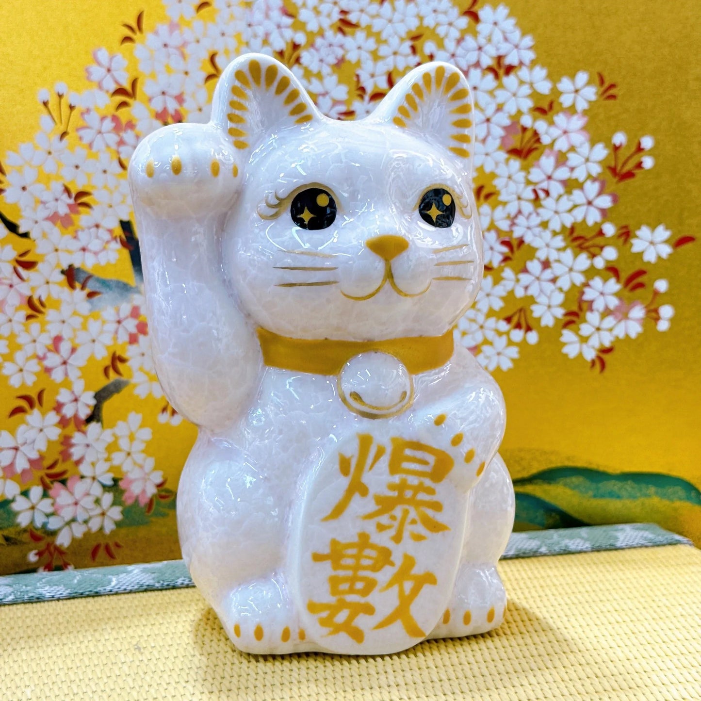 日本清水燒招財貓 花結晶 桃 爆數 右