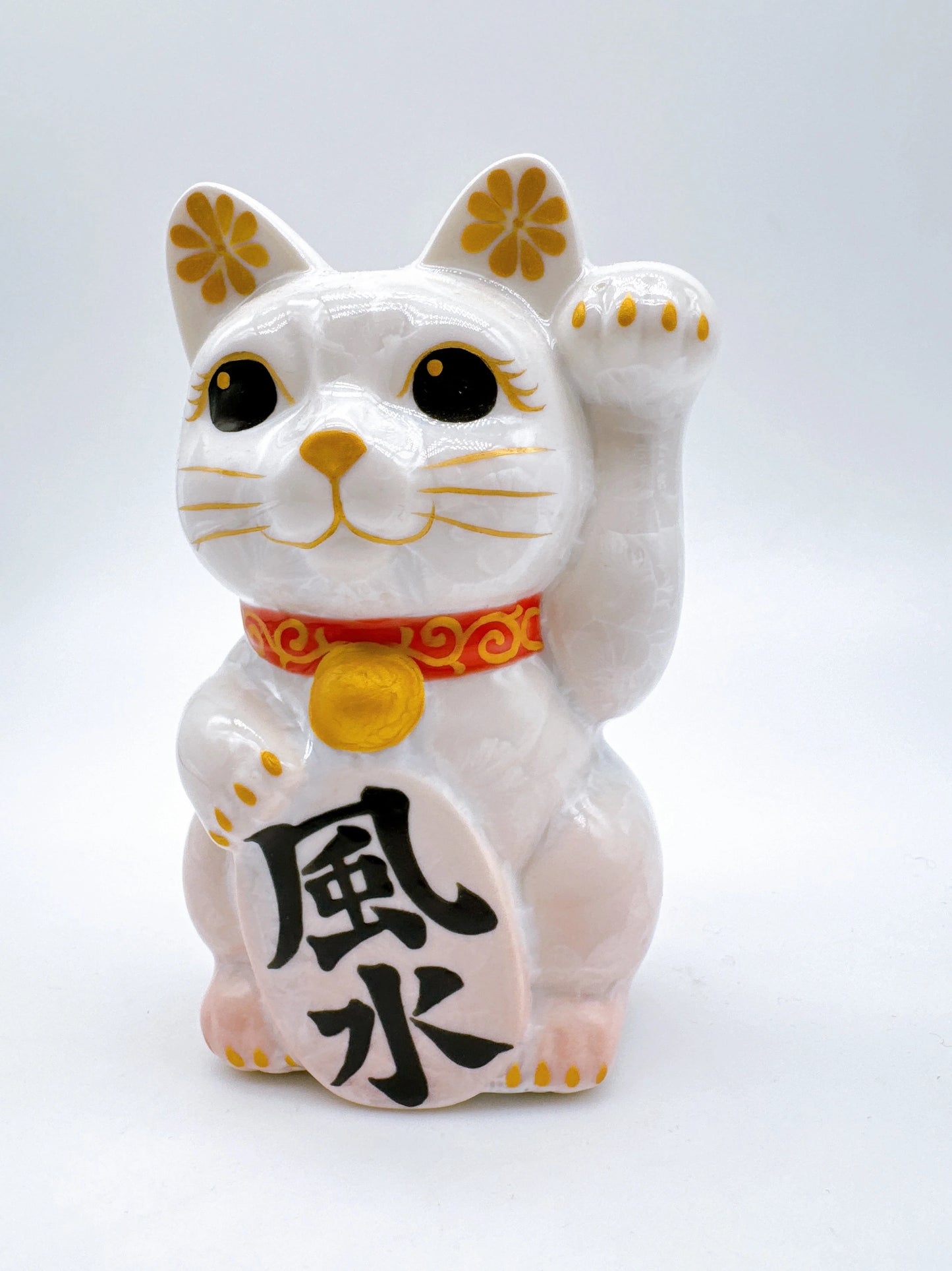 日本清水燒招財貓 花結晶 桃白 風水