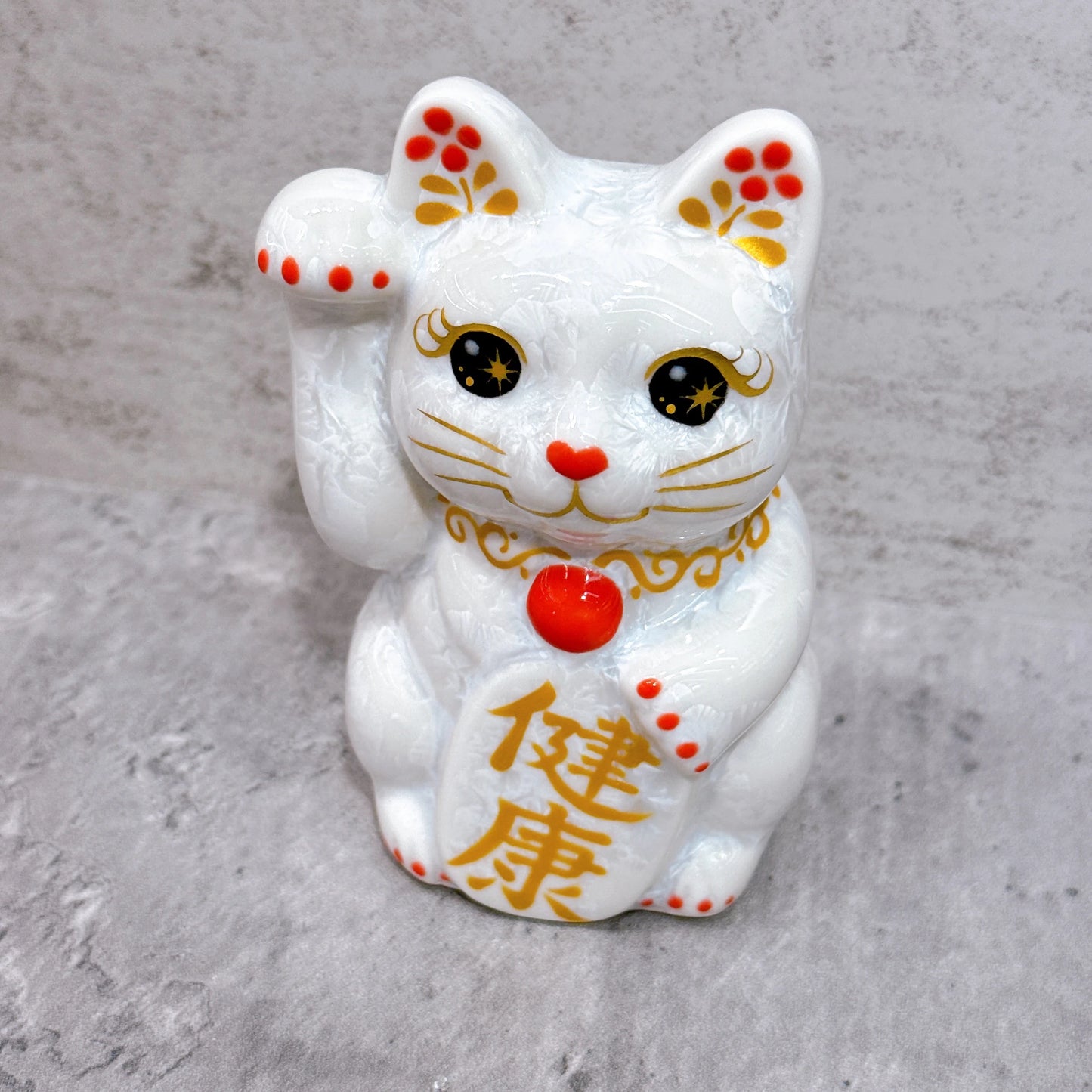 日本清水燒招財貓 花結晶 白 健康 右 特小