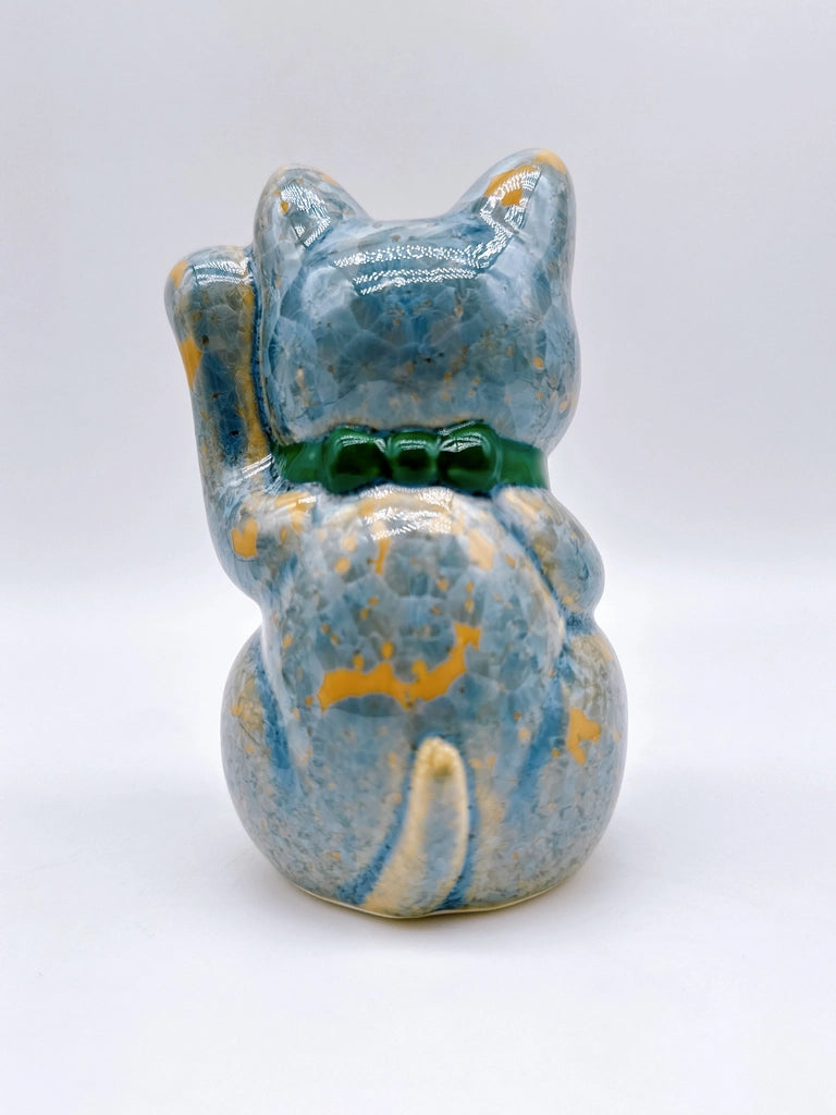日本清水烧招财猫 花结晶 灰青 千万两 左