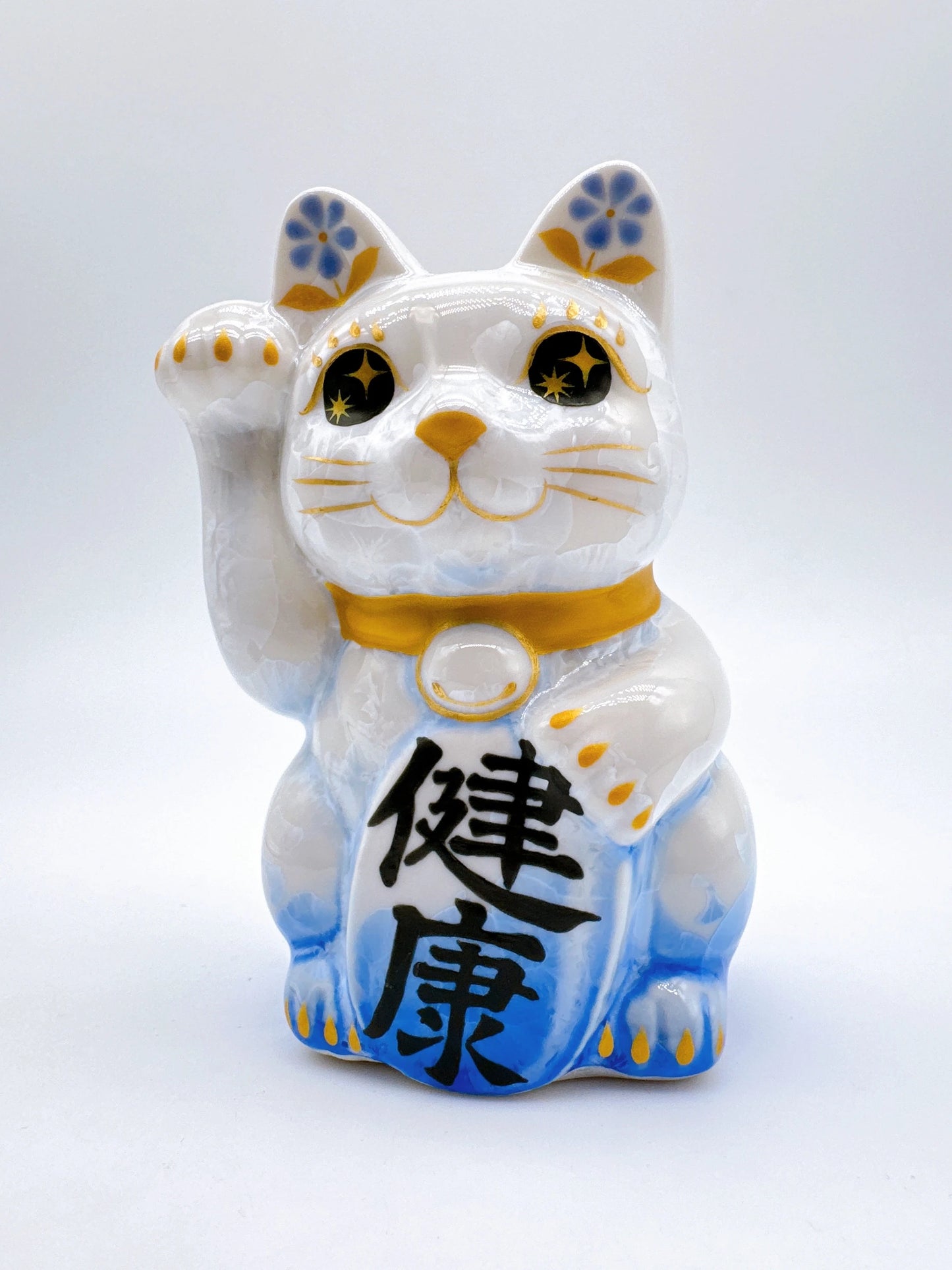 日本清水燒招財貓 花結晶 青白 健康 右