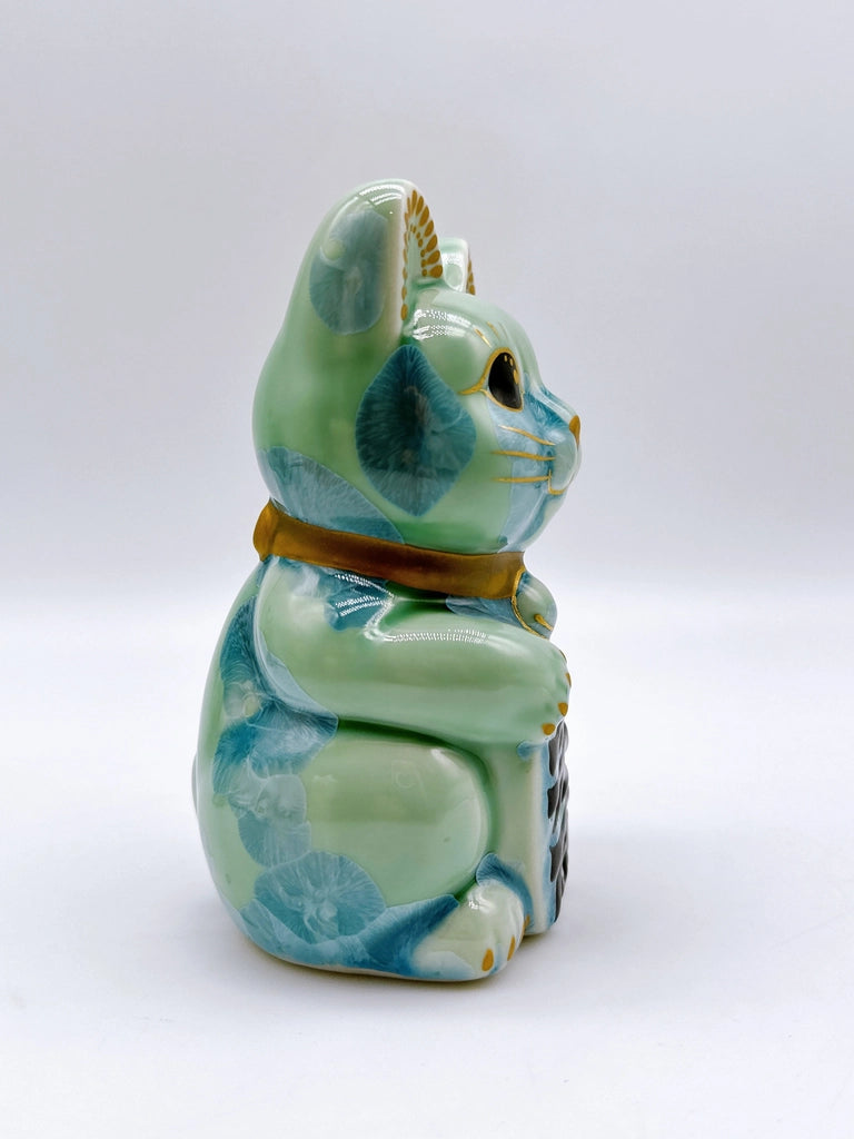 日本清水烧招财猫 花结晶 绿 千万两 左