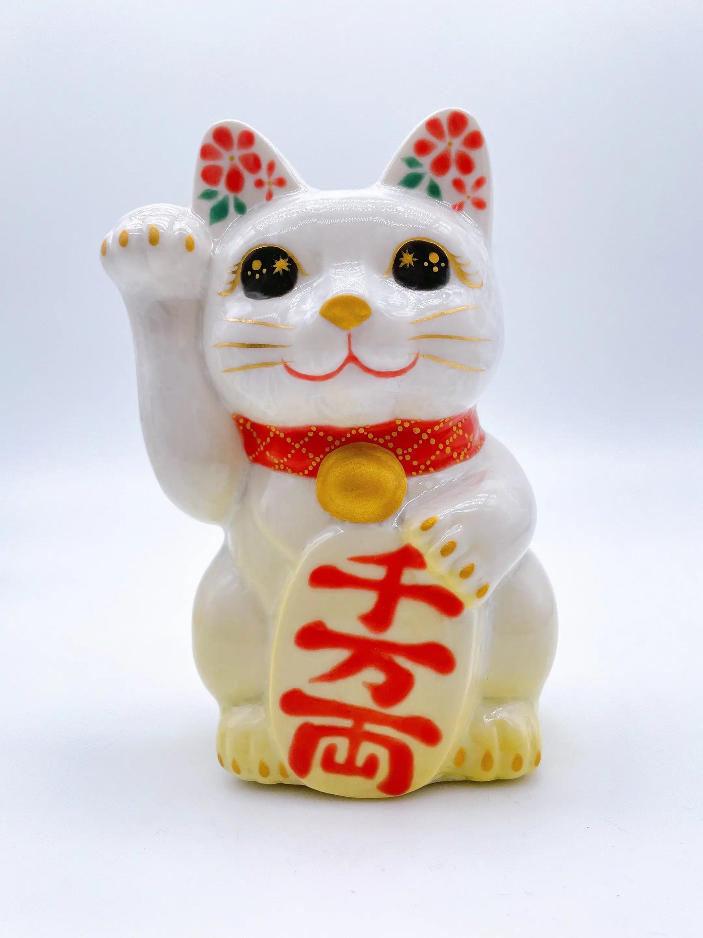 日本清水烧招财猫 花结晶 黄白 千万两