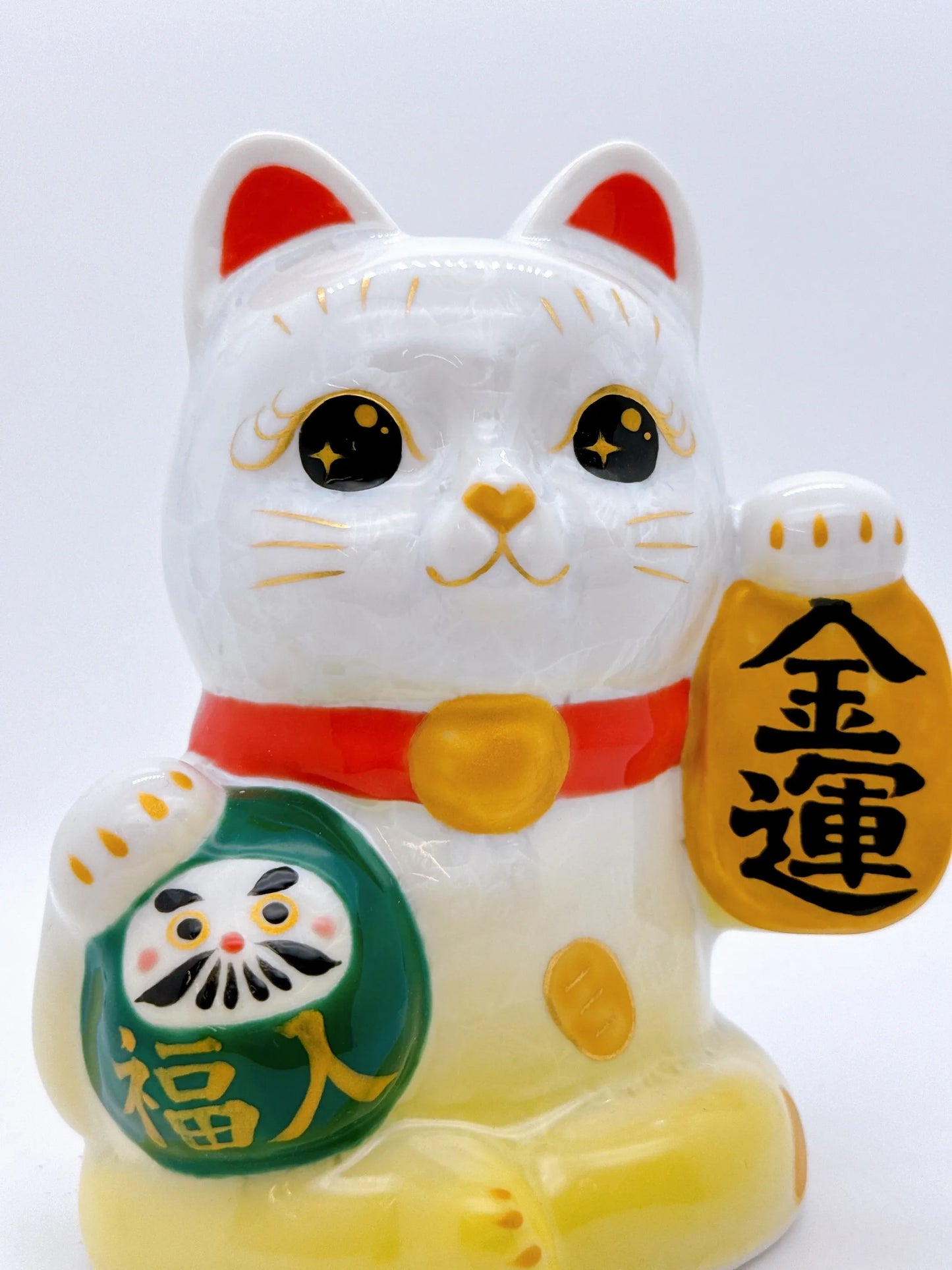 日本清水燒招財貓 達摩 花結晶 黃白 金運