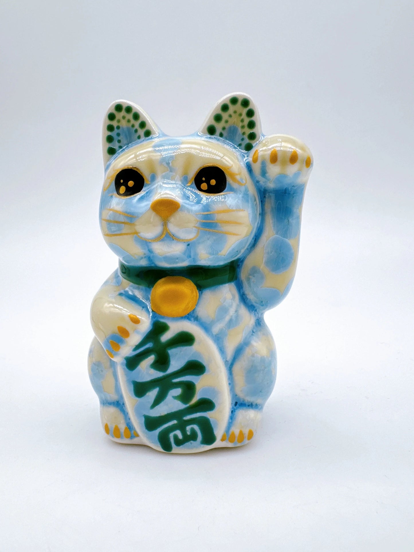 日本清水燒招財貓 花結晶 縹 千万両 左 特小