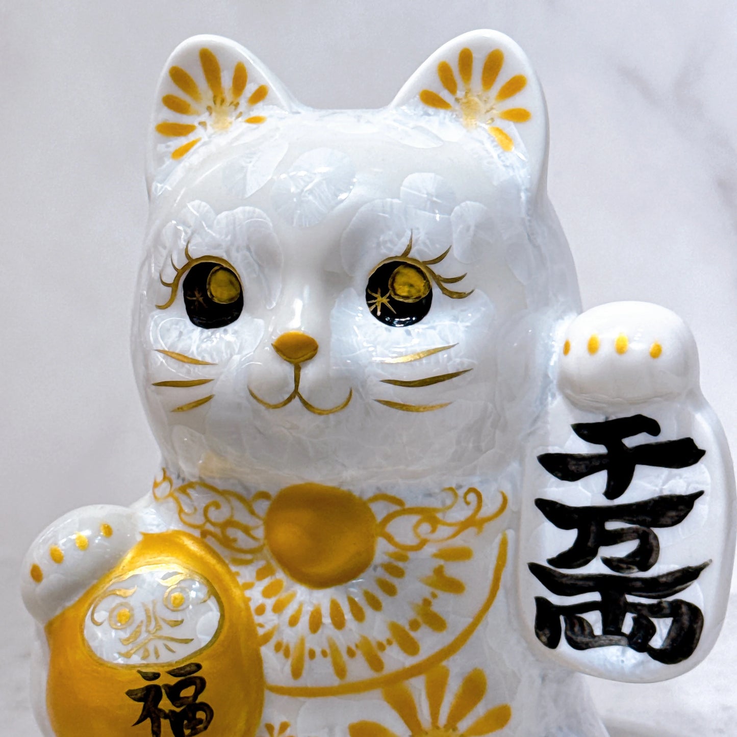 日本清水燒招財貓 達摩 花結晶 白 体花