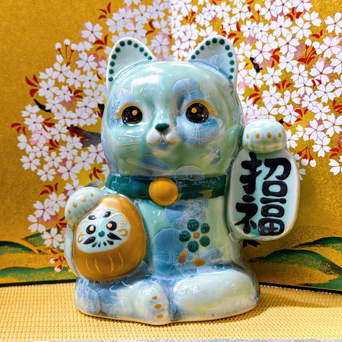 日本清水燒招財貓 達摩 花結晶 綠 招福