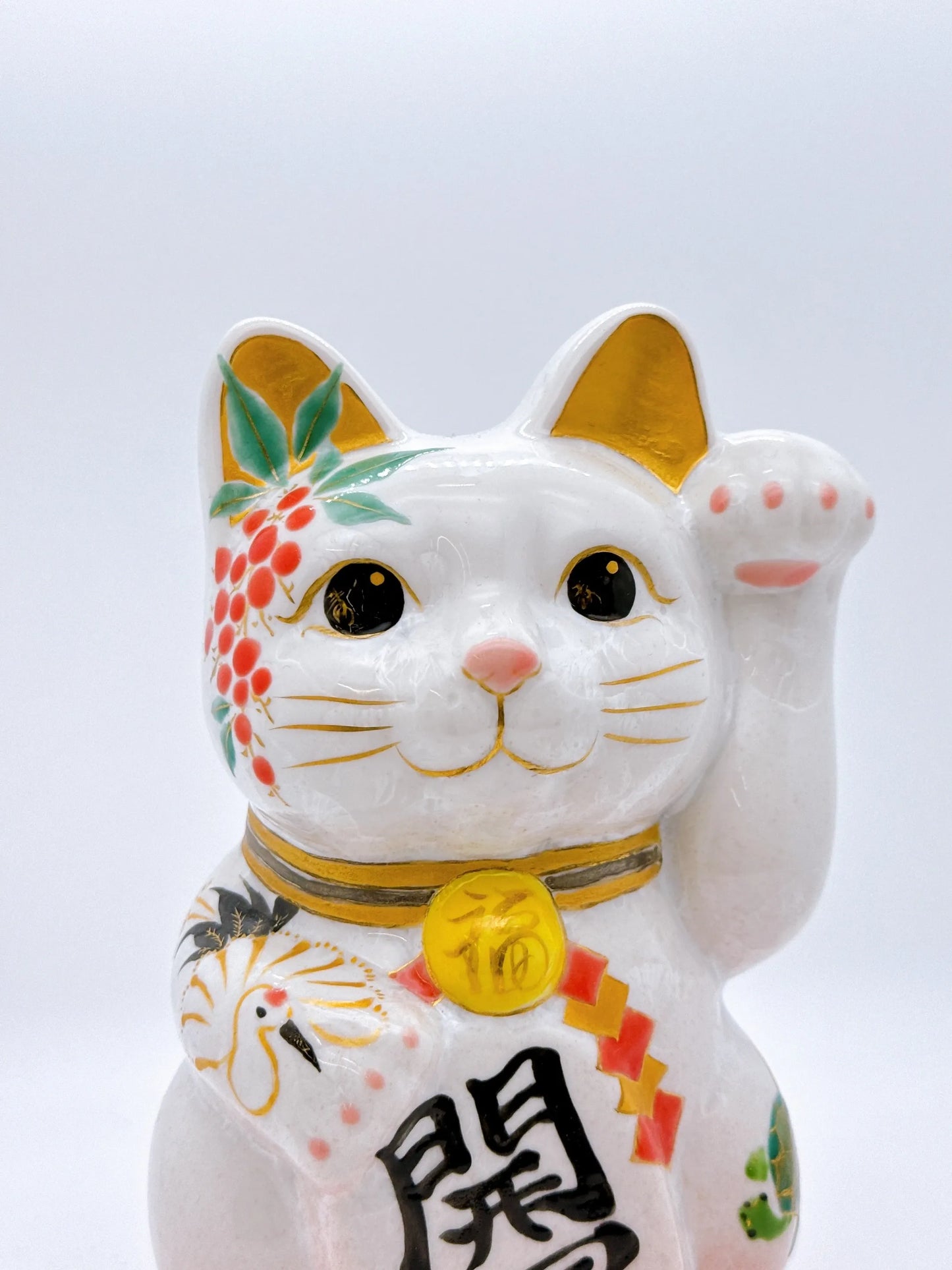 日本清水燒招財貓 花結晶 桃白 福鶴 中號