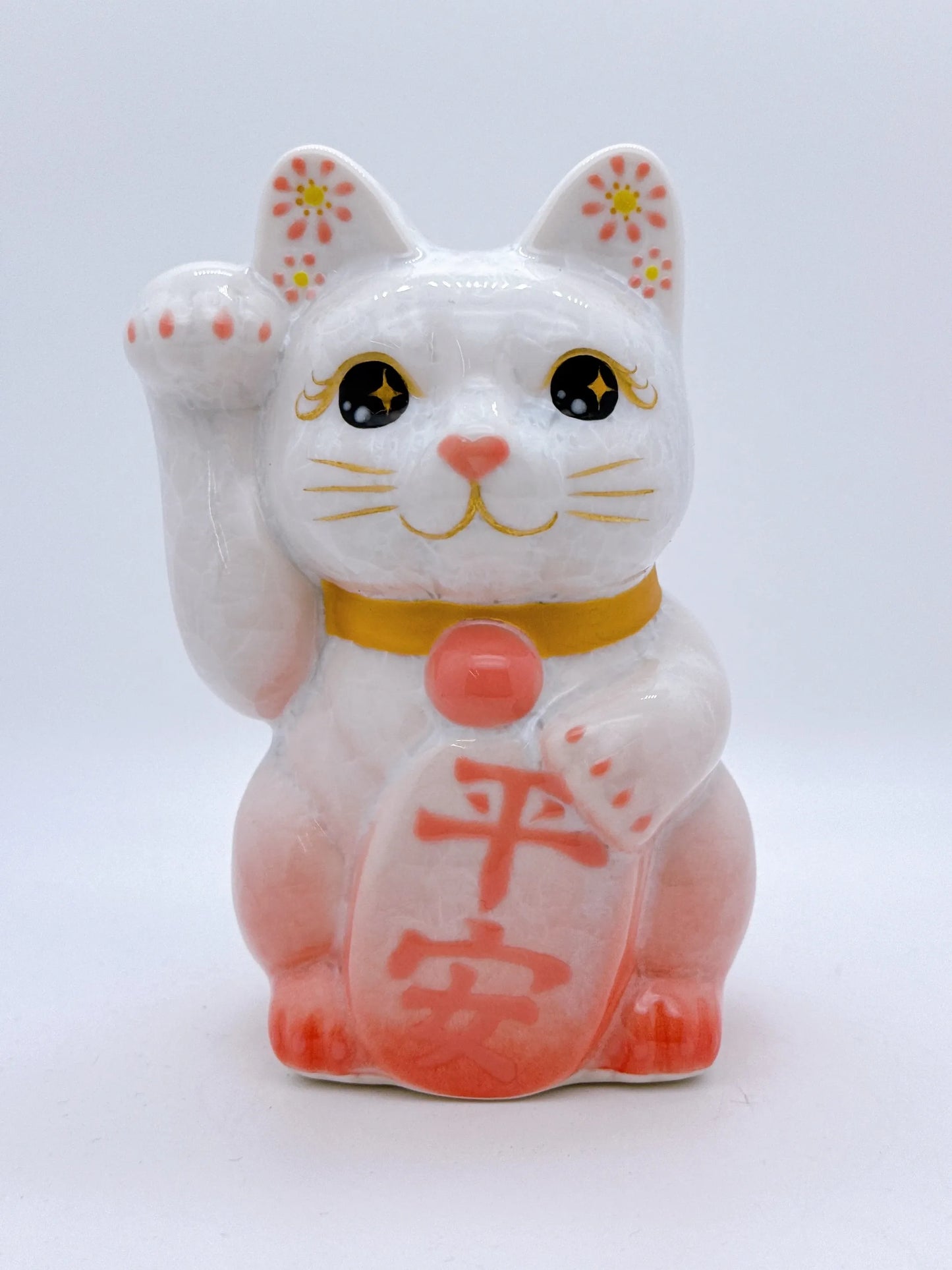 日本清水燒招財貓 花結晶 桃白 平安 右