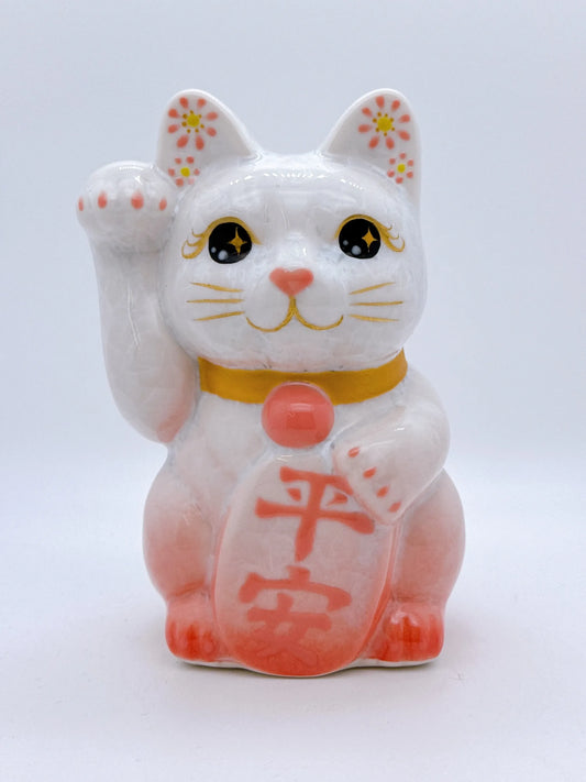 日本清水燒招財貓 花結晶 桃白 平安 右