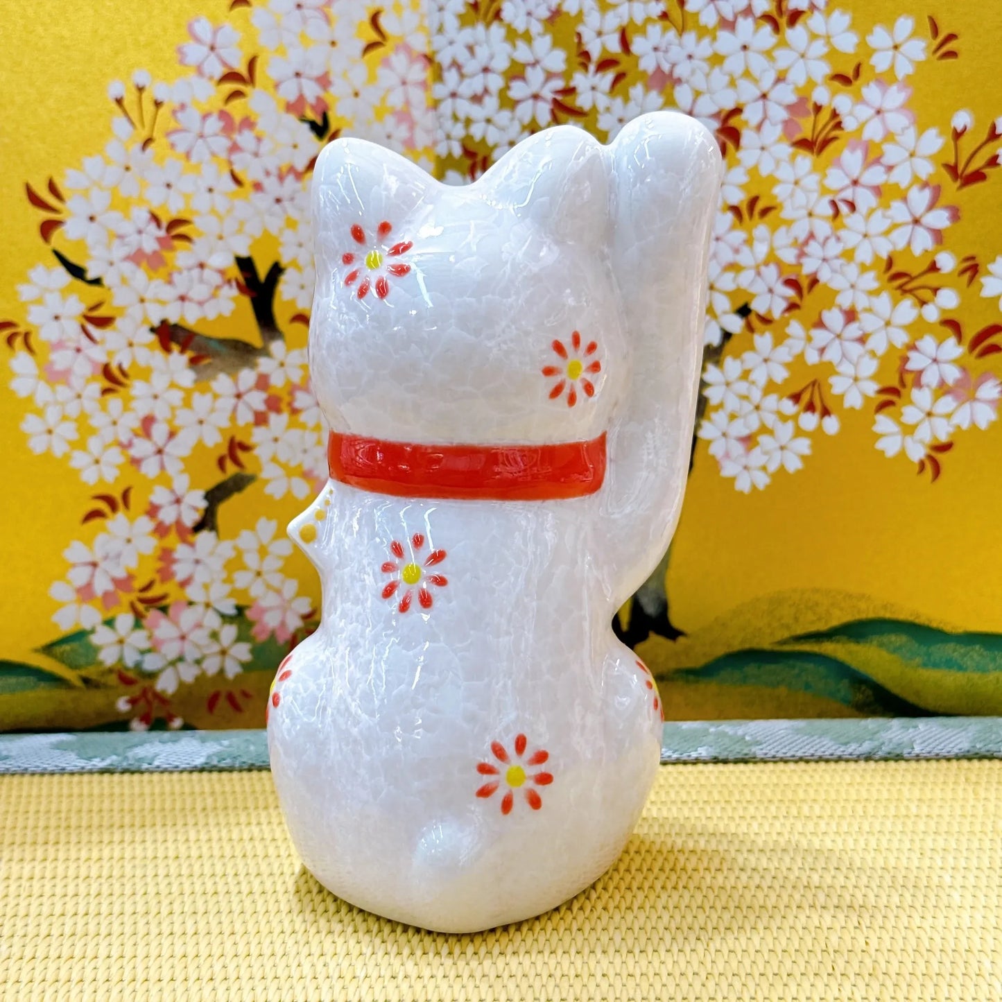 日本清水烧招财猫 花结晶 桃 千万两