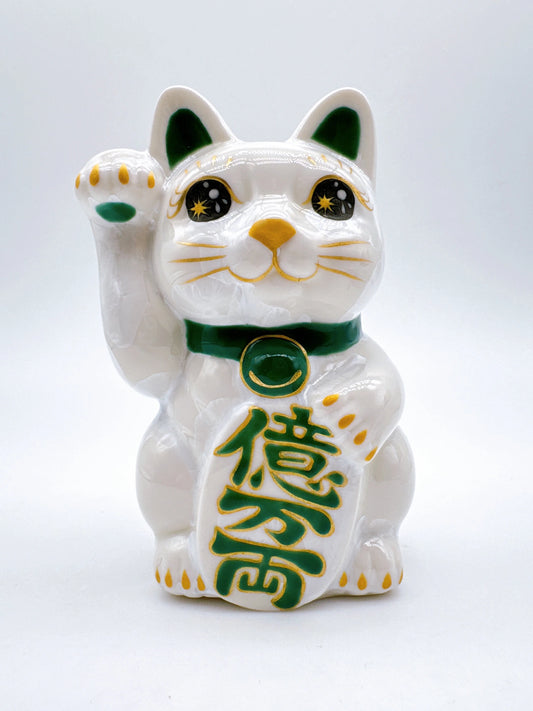 日本清水燒招財貓 花結晶 白色 億万両 右