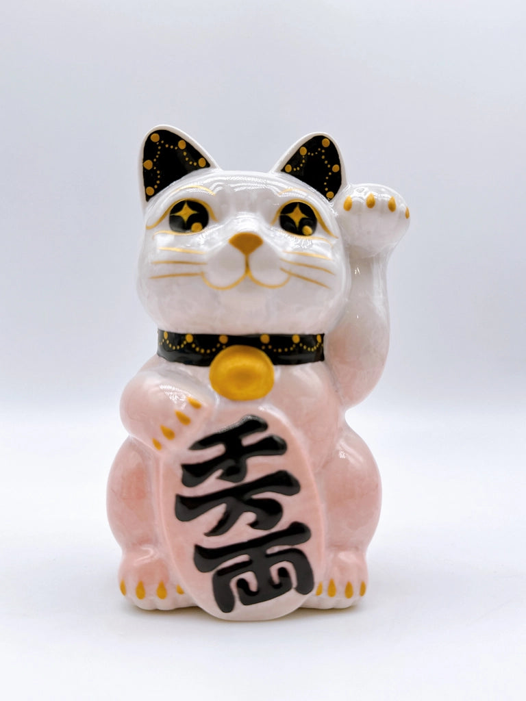 日本清水烧招财猫 花结晶 桃白 千万两 左