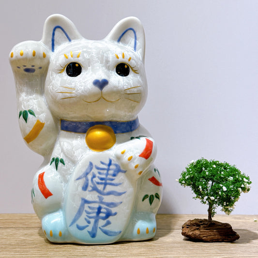 日本清水燒招財貓 花結晶 水白 健康 特大 右