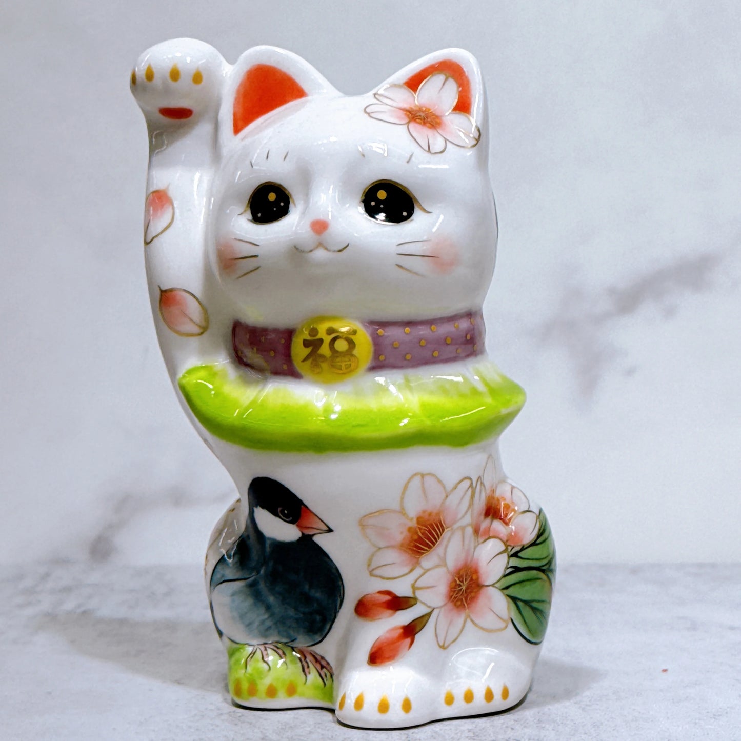 日本清水燒招財貓 色繪 白地花鳥
