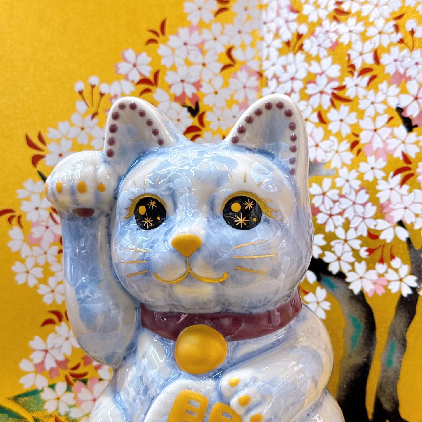 日本清水燒招財貓 花結晶 銀藤 億万両 右