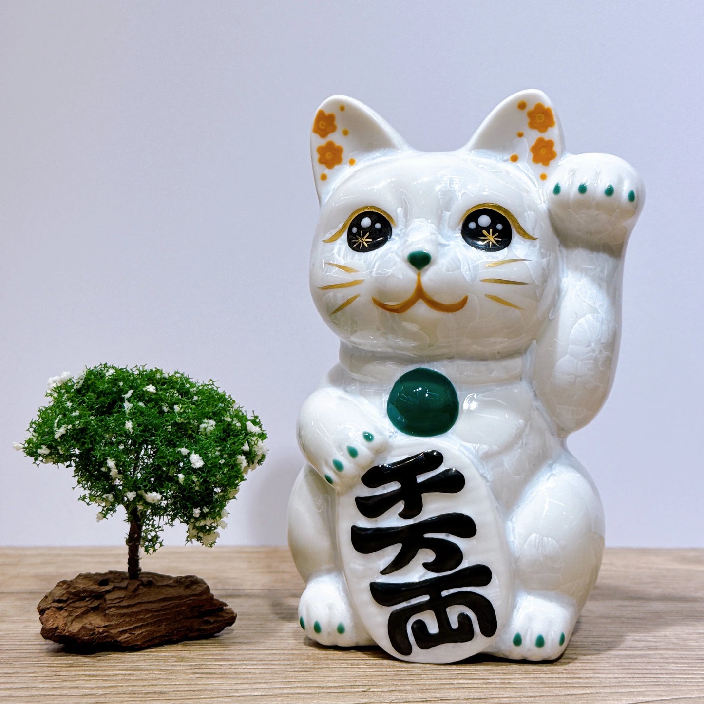 日本清水燒招財貓 花結晶 白 千万両 左