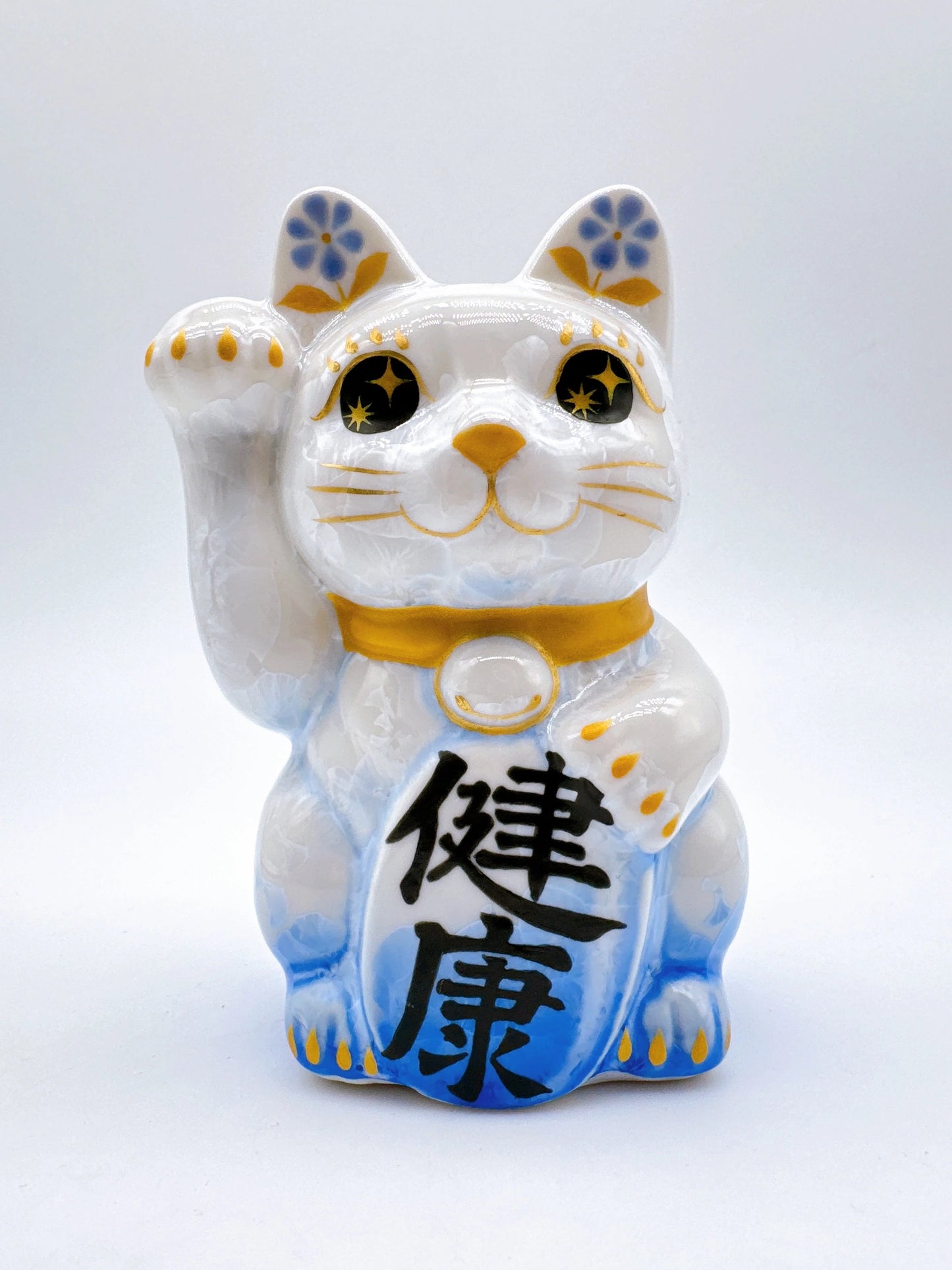 日本清水燒招財貓 花結晶 青白 健康 右