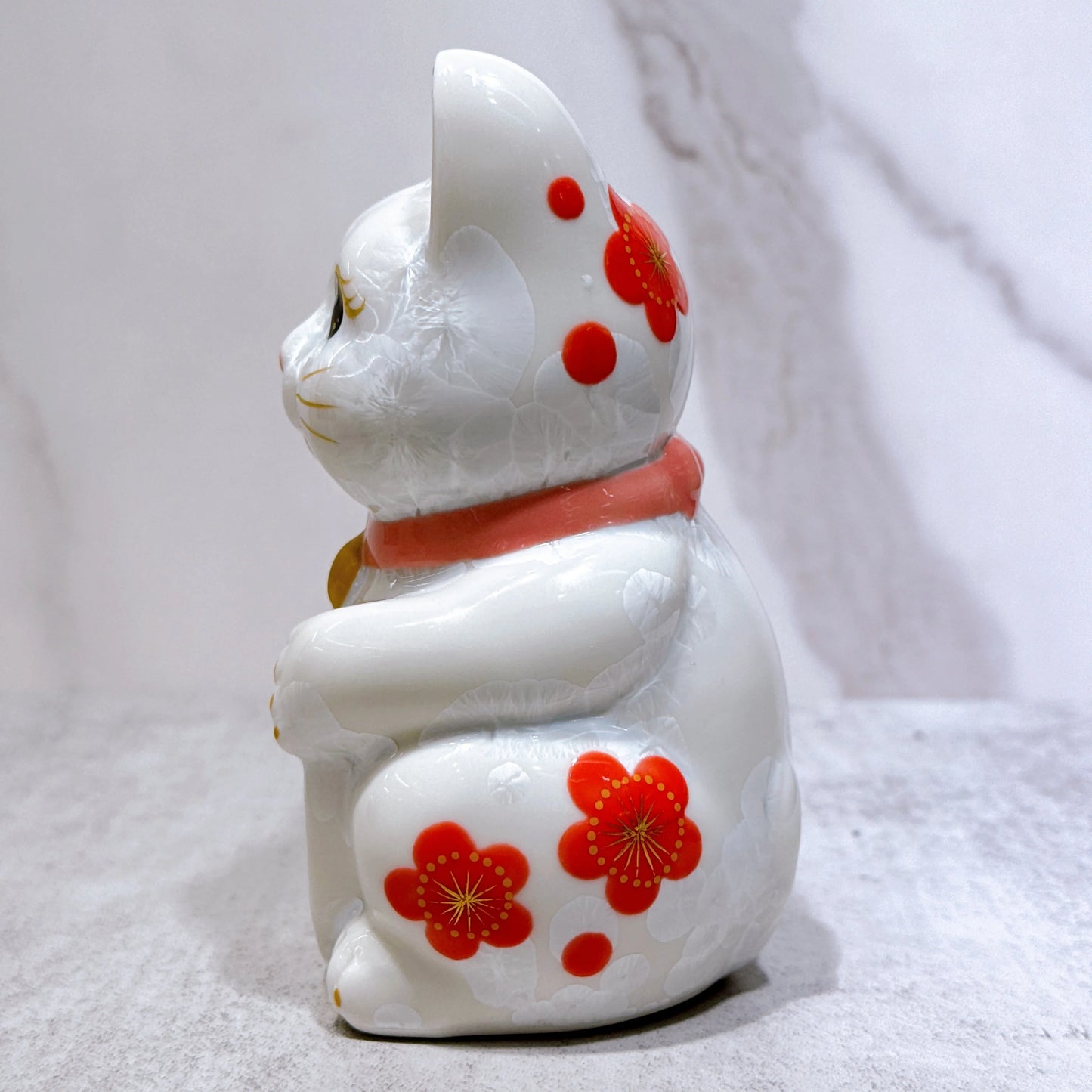 日本清水燒招財貓 花結晶 白 体花 招福 右