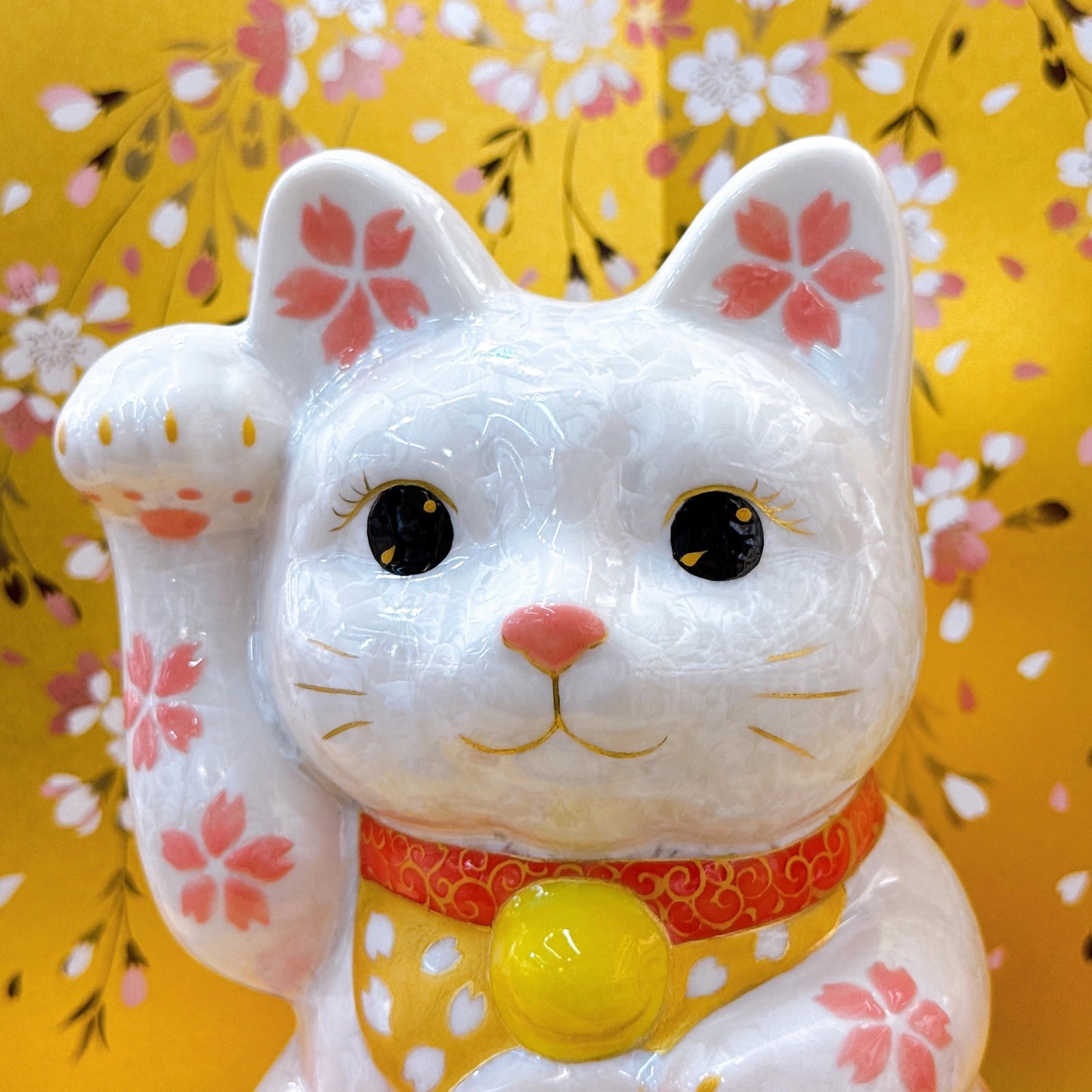 日本清水燒招財貓 花結晶 桃白 億万両 特大 右