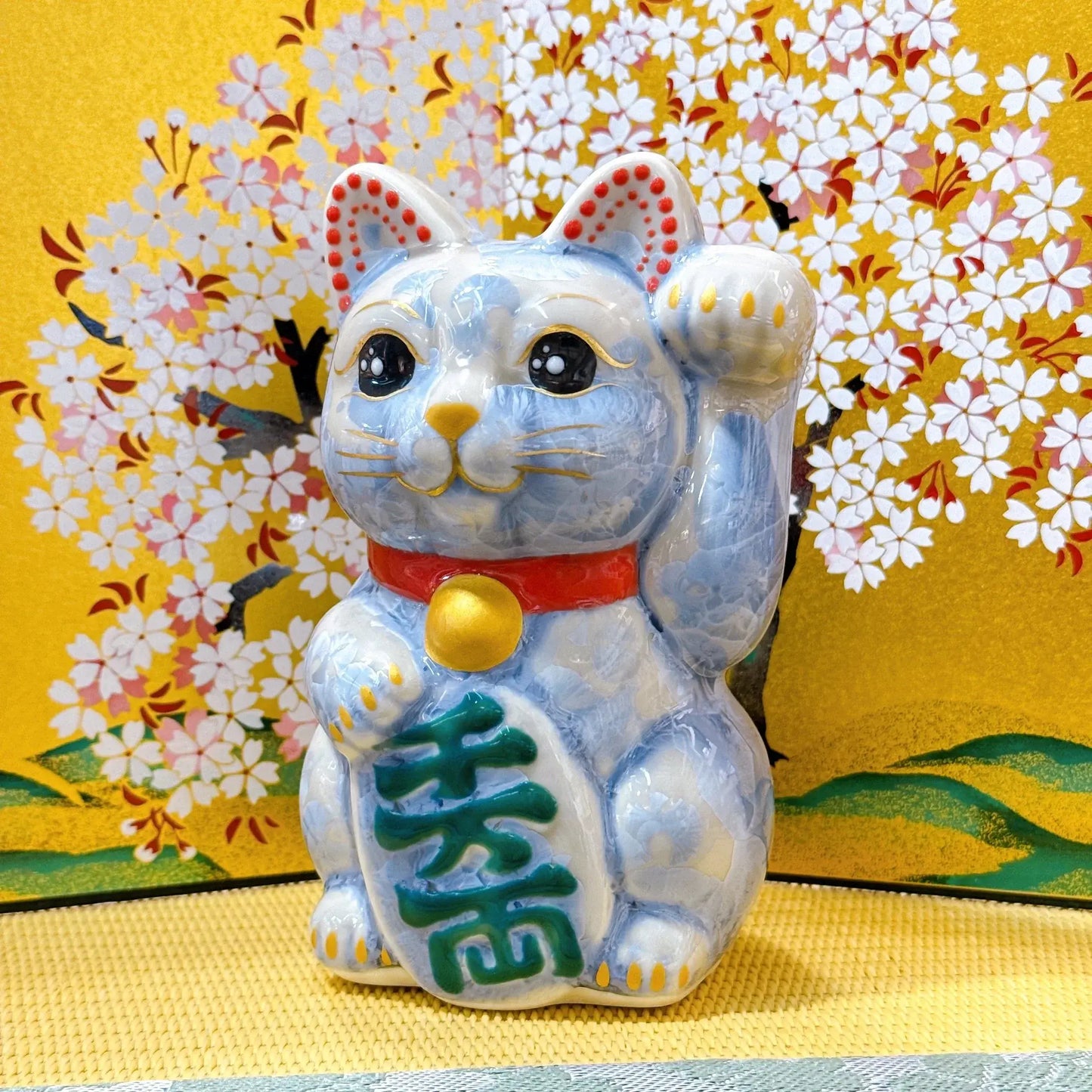 日本清水燒招財貓 花結晶 銀藤 千万両 左