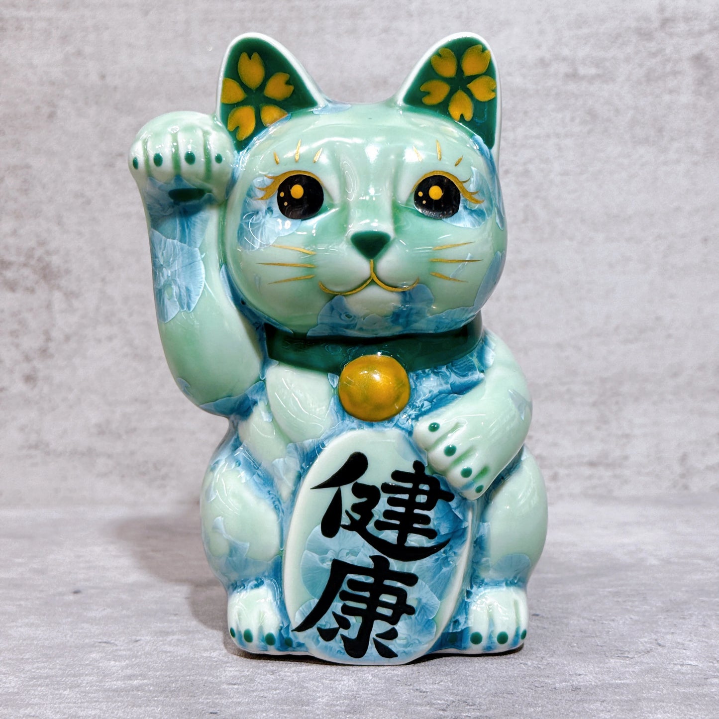日本清水燒招財貓 花結晶 綠 健康 左