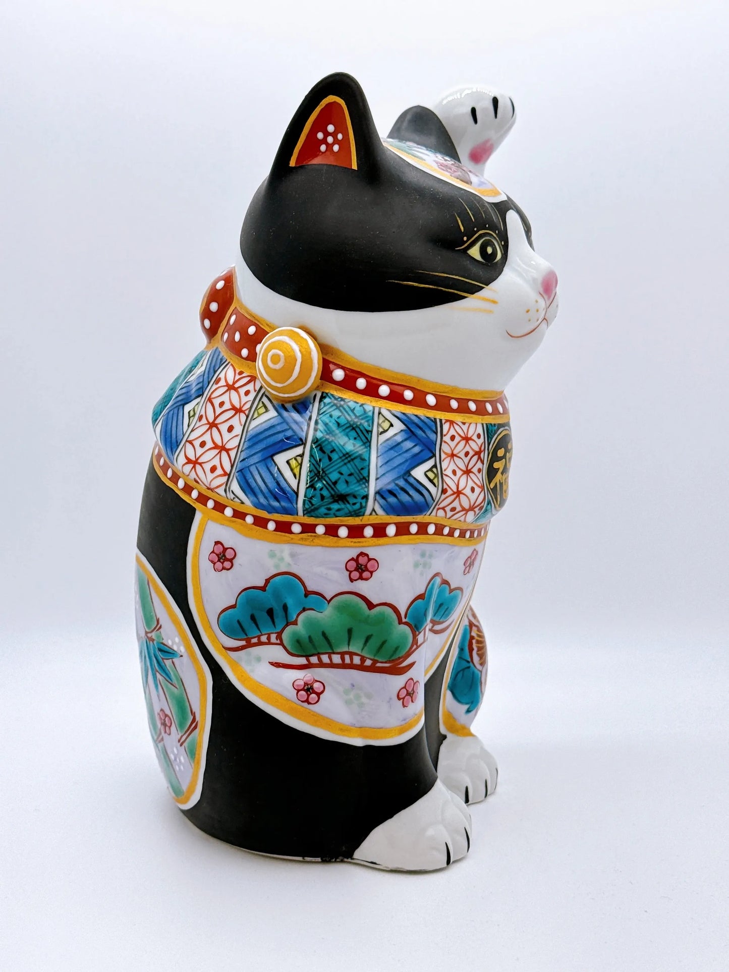 日本九谷烧招财猫 黑地 松竹梅