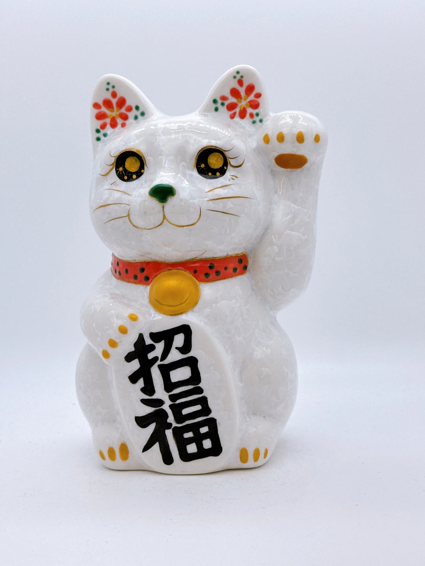 日本清水燒招財貓 花結晶 白 招福 中號