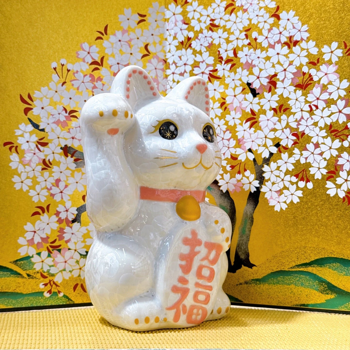 日本清水燒招財貓 花結晶 白 招福 右