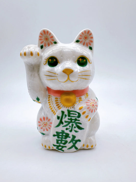日本清水燒招財貓 花結晶 白櫻 爆數 右