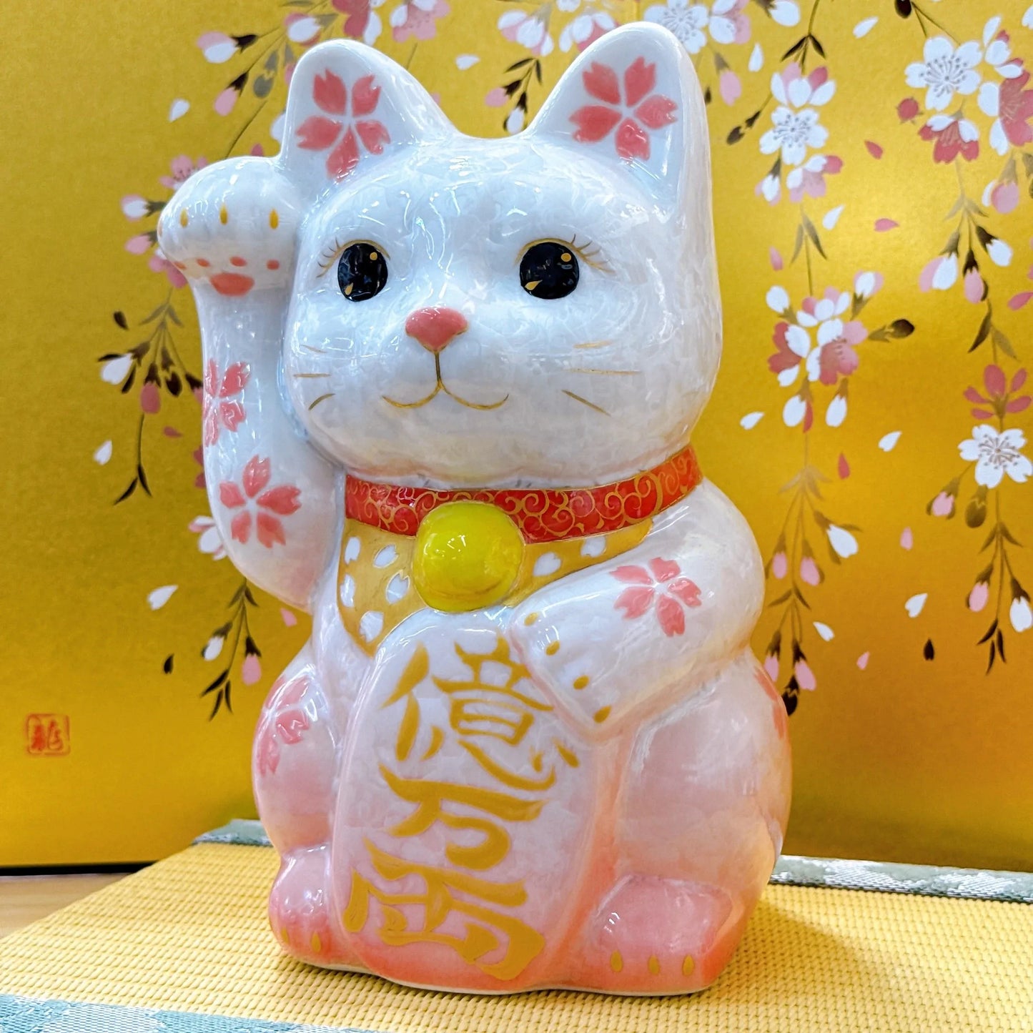 日本清水燒招財貓 花結晶 桃白 億万両 特大 右