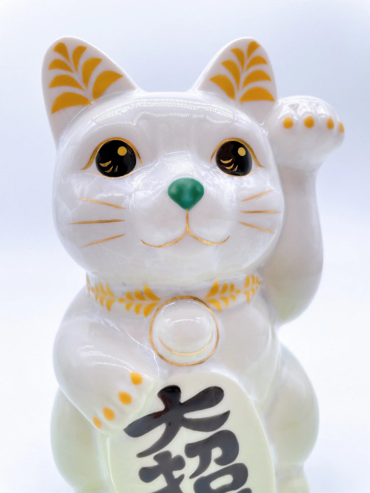 日本清水烧招财猫 花结晶 白绿 大招福