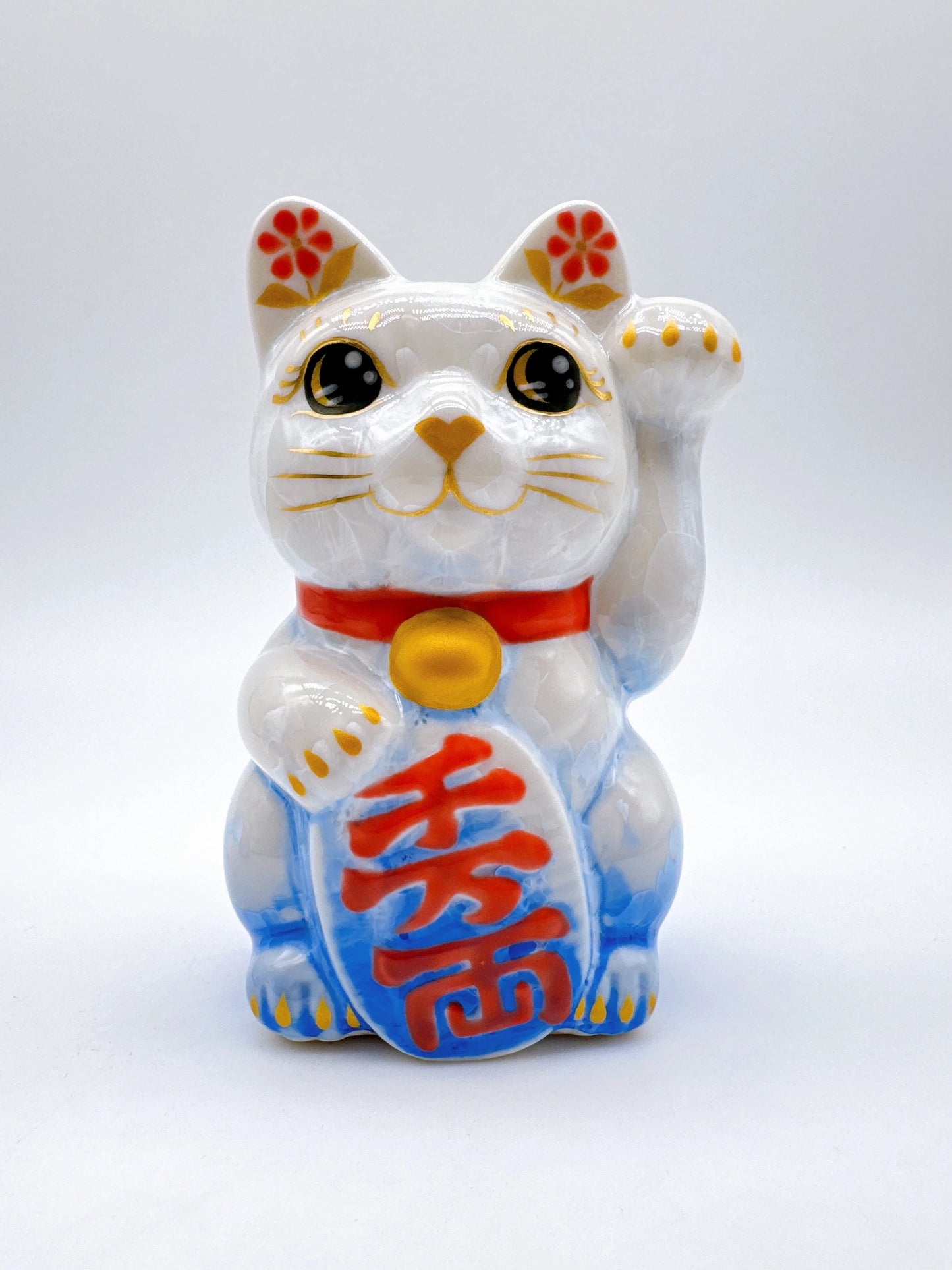 日本清水燒招財貓 花結晶 青白 千万両 左
