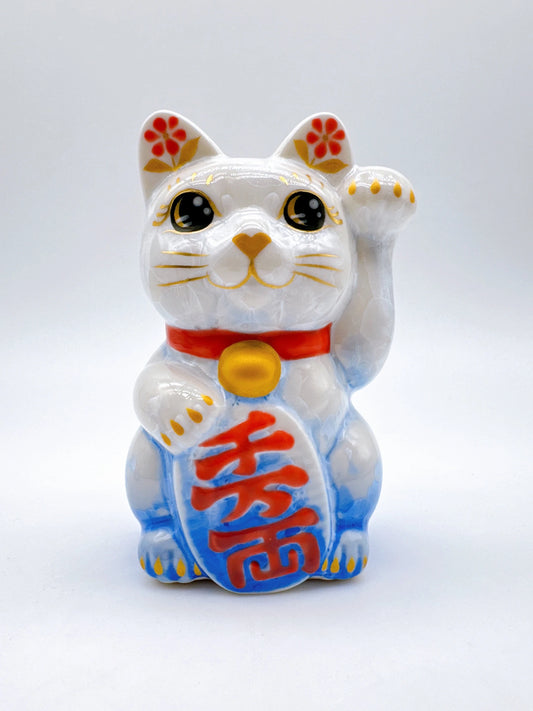 日本清水燒招財貓 花結晶 青白 千万両 左