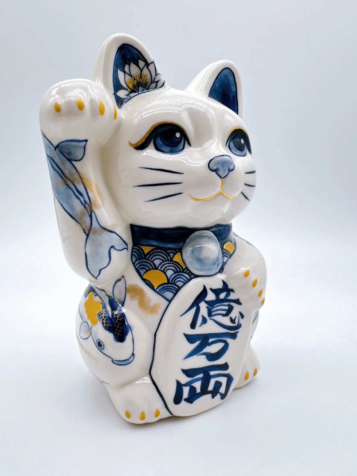 日本清水燒招財貓 染付 金彩鯉 特大