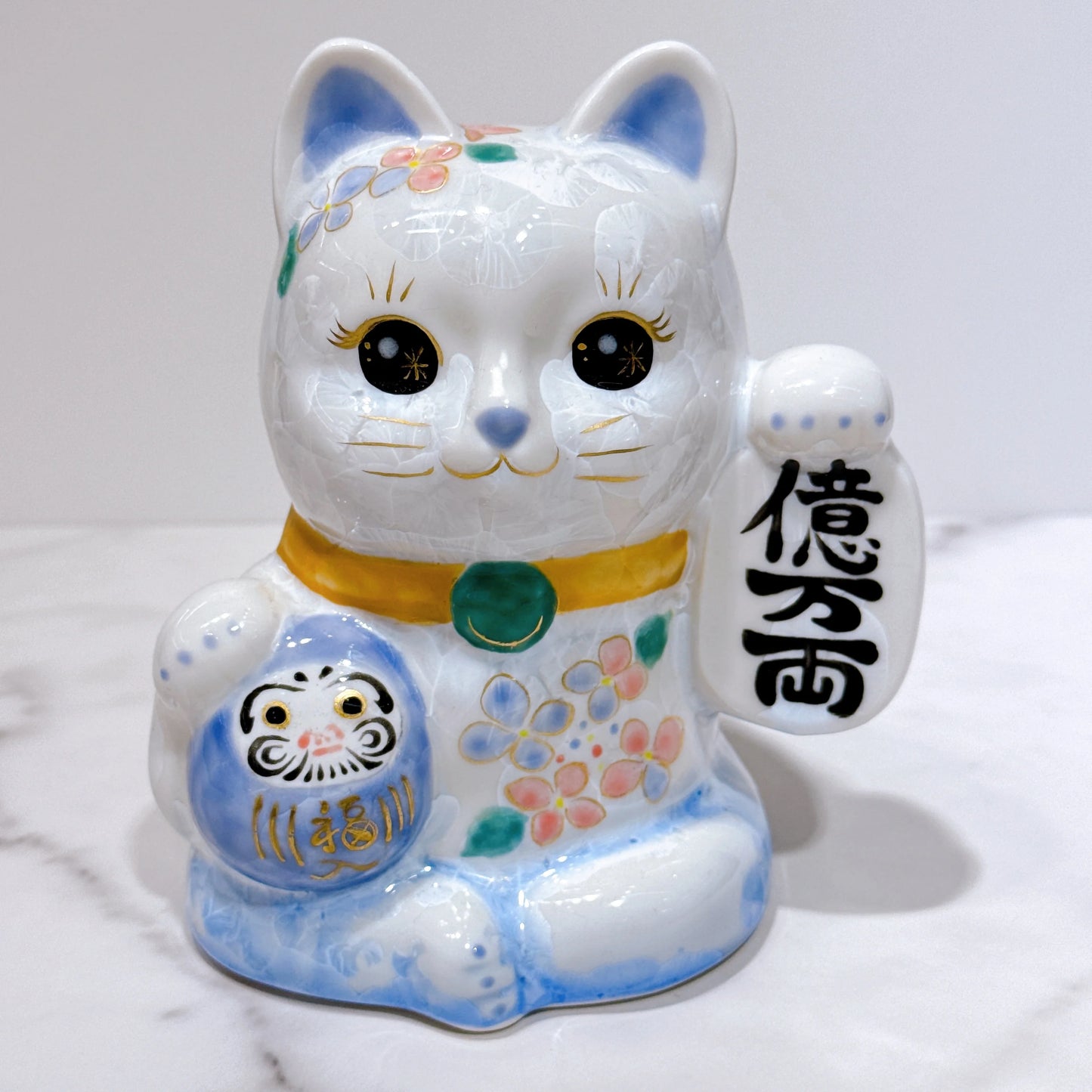 日本清水燒招財貓 達摩 花結晶 青白 体花