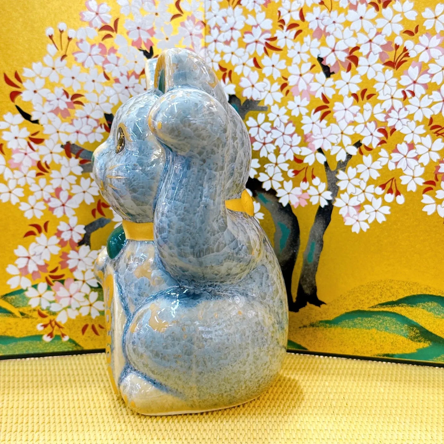 日本清水燒招財貓 花結晶 灰青 招福