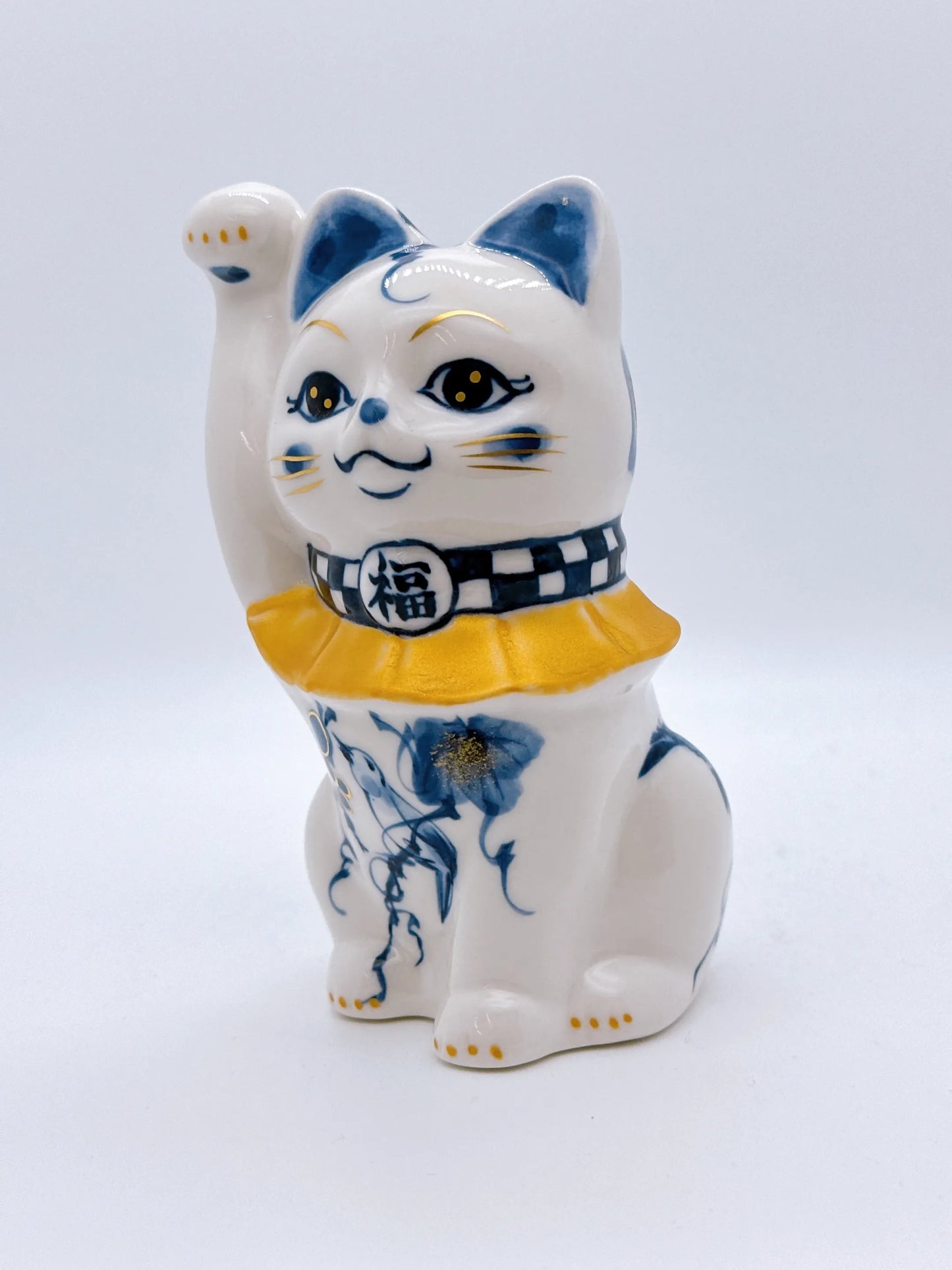 日本清水燒招財貓 染付 金彩福鳥