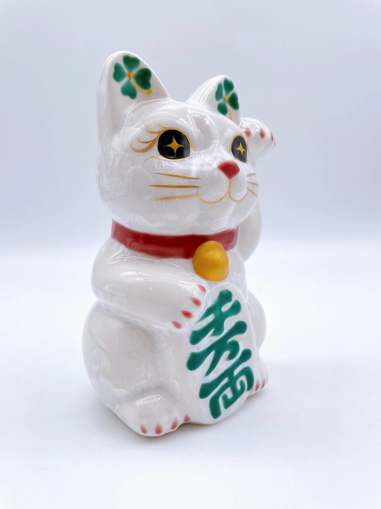日本清水烧招财猫 花结晶 白 千万两 左