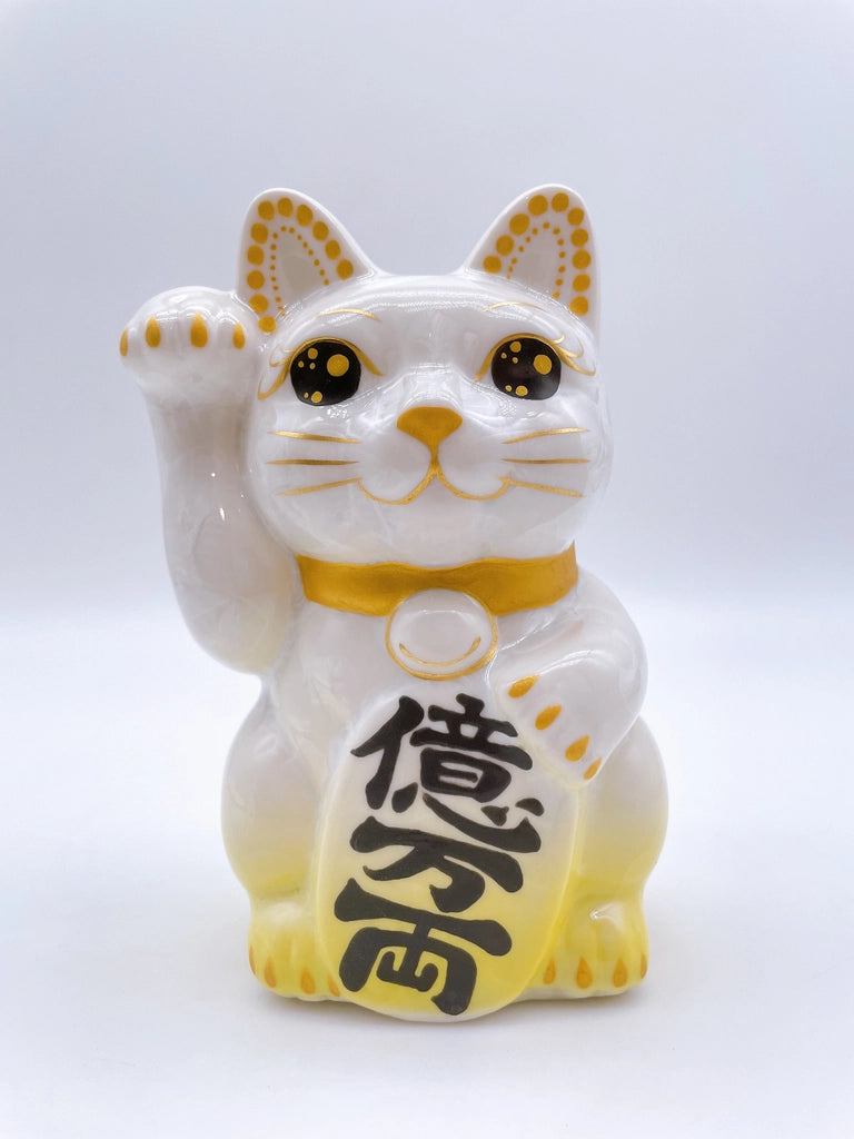 日本清水烧招财猫 花结晶 黄白 亿万两 左