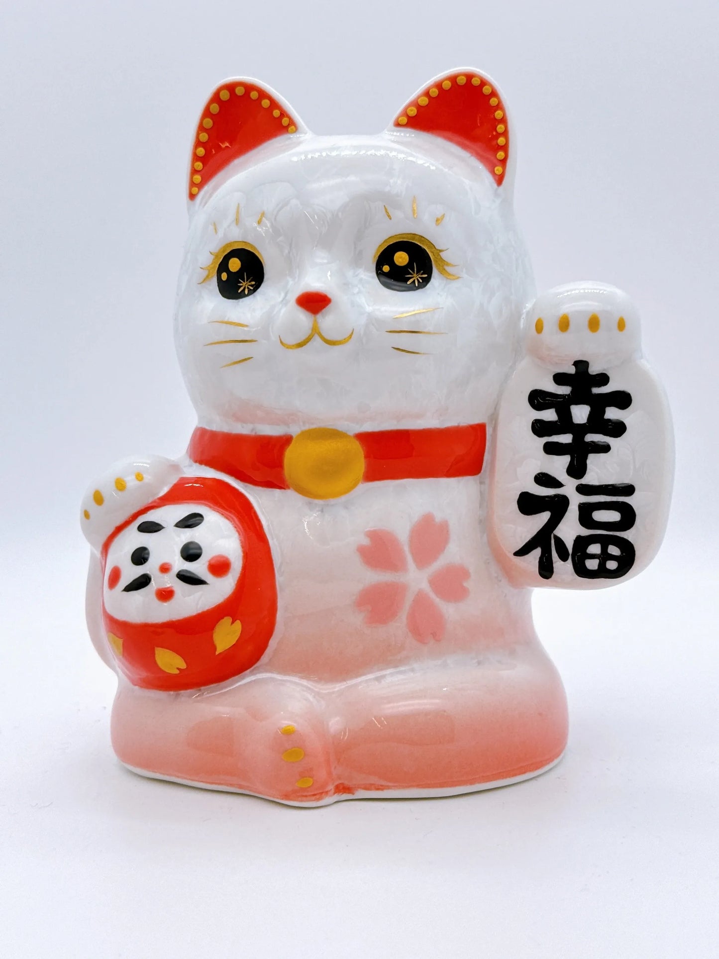 日本清水燒招財貓 達摩 花結晶 桃白 幸福