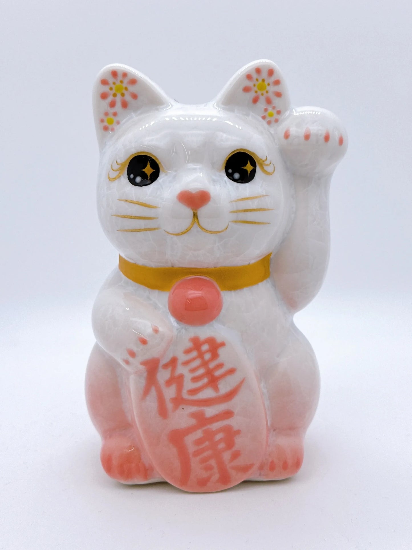 日本清水燒招財貓 花結晶 桃白 健康 左